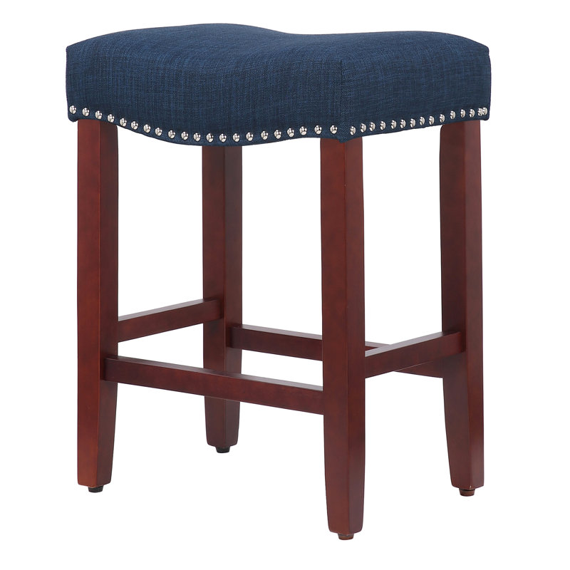 Jameson Upholstered Counter Stool with Solid Wood Frame, Counter Stool (24” Seat Height), Navy blue/Cherry