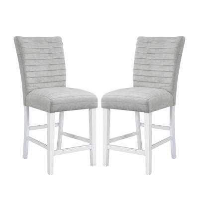 De 2 chaises de comptoir rembourrées en velours ultrabrillant gris et blanc, d'une épaisseur de coussin de 60 mm, d'une profondeur de siège de 17 pouces, d'une hauteur de 25 pouces, d'une densité de mousse D20, d'un dossier et d'un siège, avec ceintures et poches de 3 po, pour