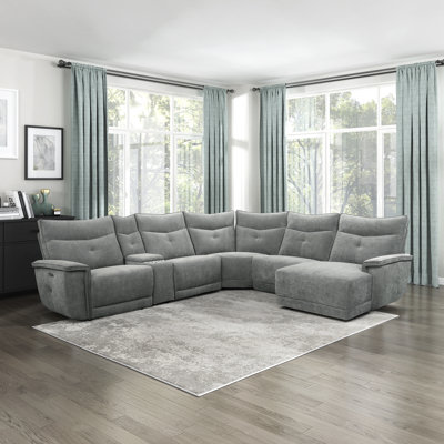 Achernar 132" Modern & Contemporary 6-Piece Textured Fabric Modular Reclining Sectional with Chaise with 2 Integrated Recliners & Console with Stainle