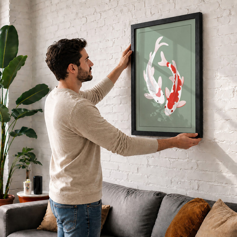 Dancing Koi Japandi - Framed Print, A3 - 42.0 x 29.7 cm, White