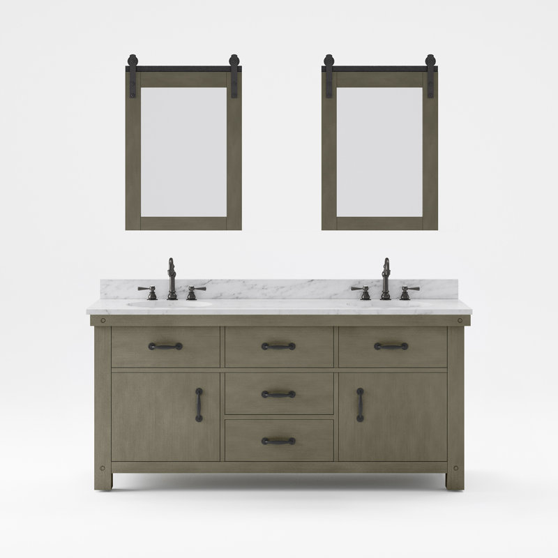 Aberdeen 72 In. Double Sink Blue Limestone Countertop Vanity In Rustic Sierra With Mirrors, Carrara White, Rustic Sierra