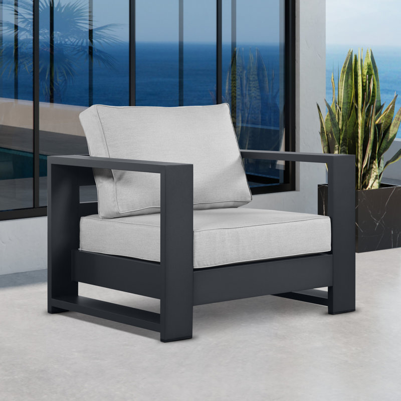 Hoyt 37.40” Outdoor Aluminum Armchair, Slate Black, Light Gray