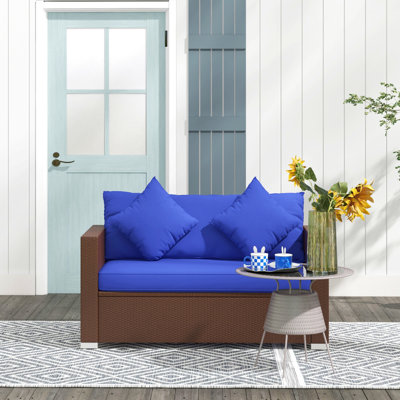Patio Wicker Loveseat With Cushions, 2-Seat Outdoor Pe Rattan Couch Sofa With Throw Pillows, For Porch, Backyard, Garden, Poolside, Blue