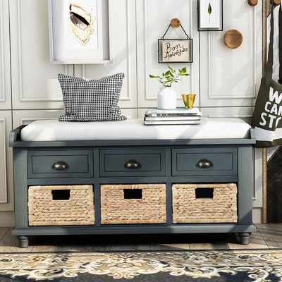 Banc de rangement avec 3 tiroirs et 3 paniers en rotin, banc à chaussures pour le salon