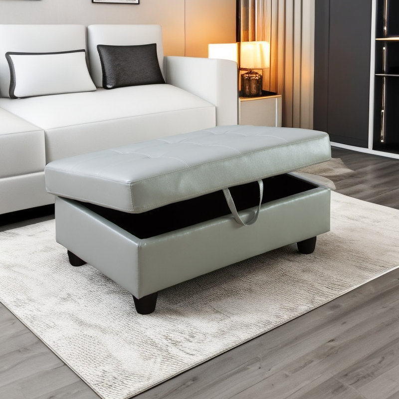 Faux Leather Upholstered Storage Bench, Silver Green