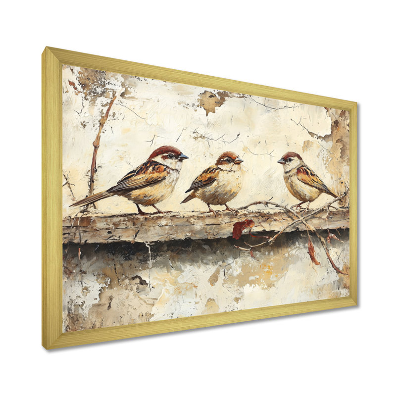 Bird Sparrows By The Farm House - art mural grand oiseau, H 12 po x l 20 po, Cadre simple, Doré