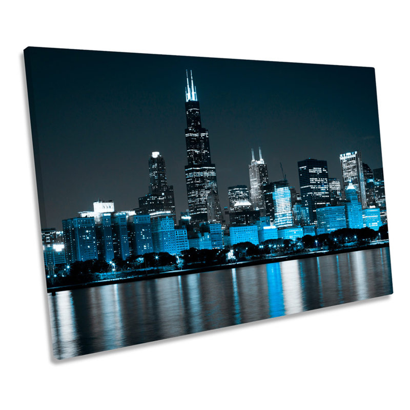 Chicago Skyline Illinois Blue - Wrapped Canvas Print, 91.4cm H x 137.2cm W x 4cm D