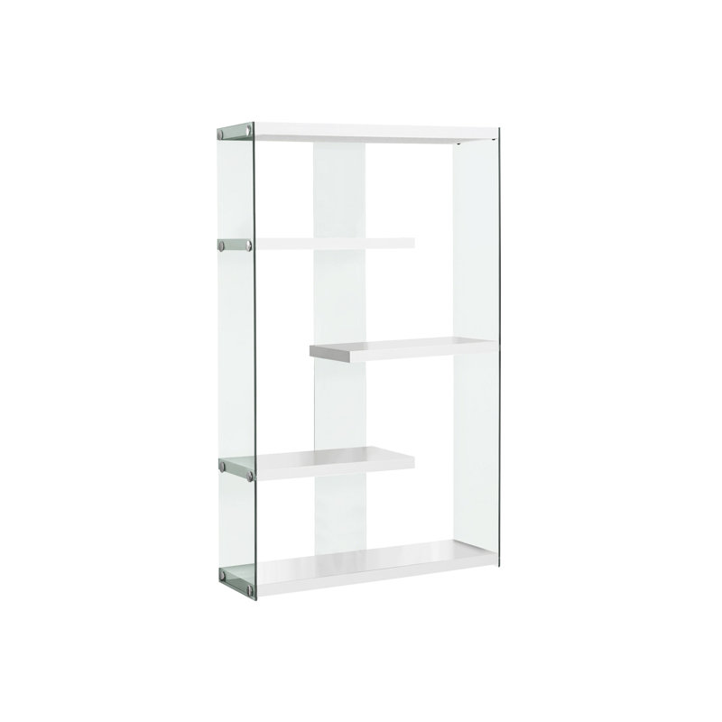 Bibliothèque moderne à 5 niveaux H 60 ", stratifié blanc brillant et verre trempé transparent, convenant à la finition de bureau et de chambre à coucher avec design