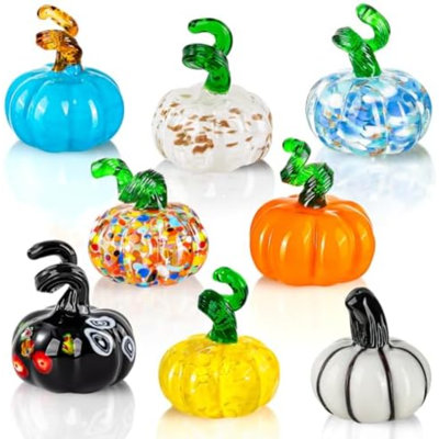 8 Pcs Blown Glass Mini Pumpkin Decor, Mini Halloween & Thanksgiving Figurines, Glass Pumpkin Decorations For Fall & Harvest