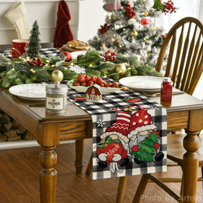 Buffalo Plaid Gnome Bell Xmas Tree Christmas Table Runner, Seasonal Winter Kitchen Dining Table Decoration For Home Party Decor 13X36 Inch