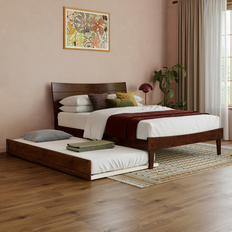 Phoenix Wood Platform Bed with Trundle, Walnut, Full