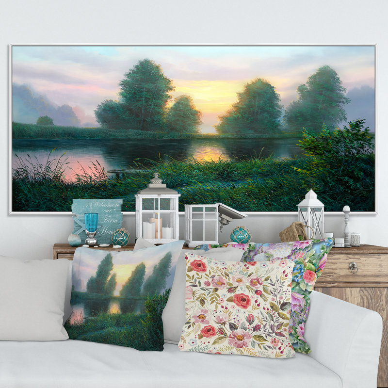 «Beautiful Sunset on Lake Forest», peinture sur toile, Cadre blanc, H 16 po x l 32 po x P 1 po