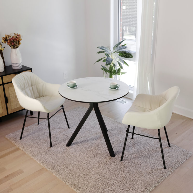 Ensemble de salle à manger 3 pièces rond en faux marbre avec fauteuils rembourrés, Beige