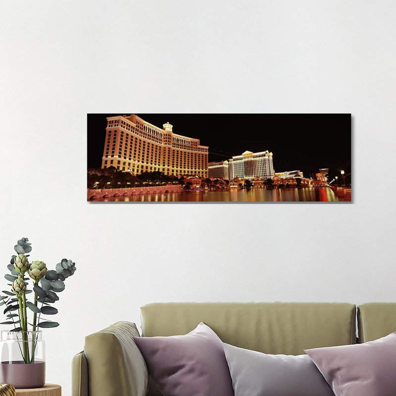 Hotel Lit Up At Night, Bellagio Resort And Casino, The Strip, Las Vegas, Nevada, USA - Wrapped Canvas Panoramic Print