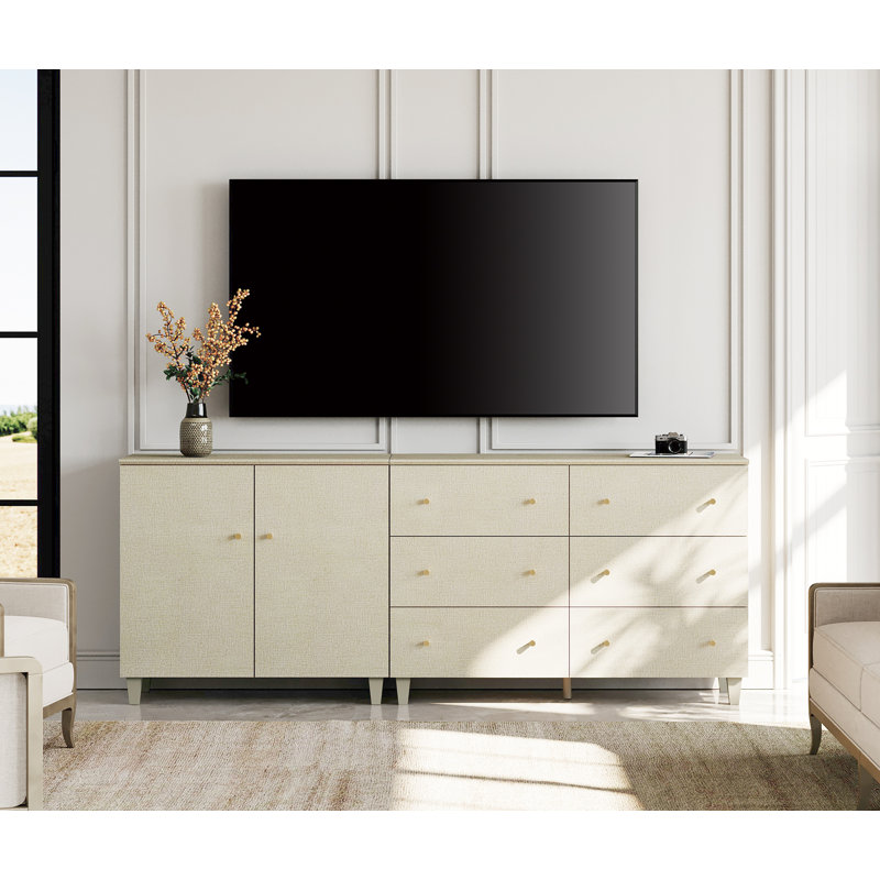 Meuble télé 2 en 1 avec 2 portes et 6 tiroirs pour téléviseurs de 85 pouces et plus, Beige