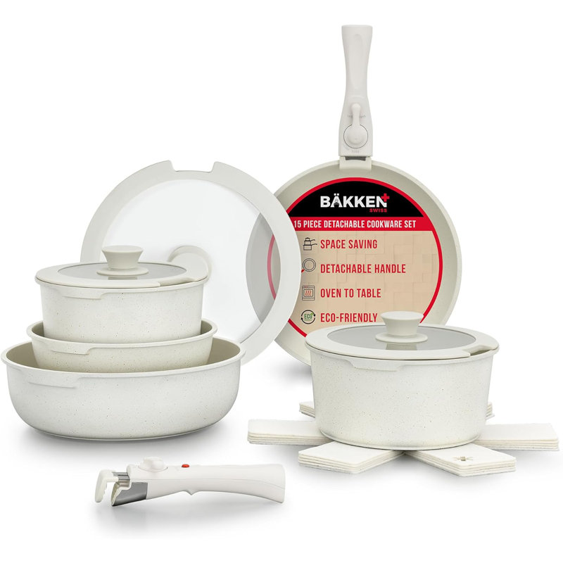 Cream 15-Piece Non-Stick Carbon Steel Cookware Set with Detachable Handles