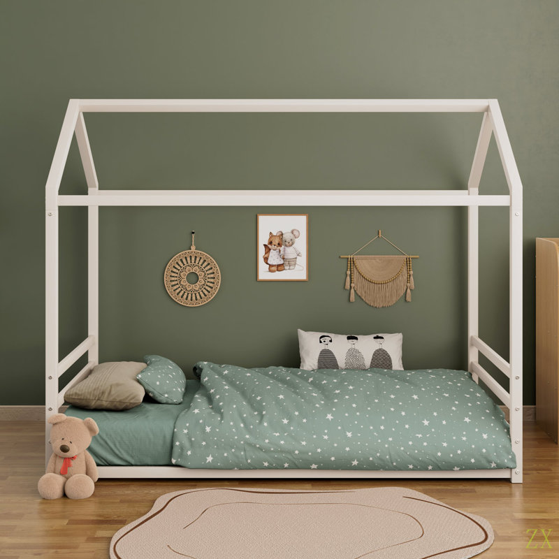 Structure de lit simple en métal de style Montessori, lit en forme de maison avec garde-corps pour enfants et tout-petits, assemblage facile, sans lattes