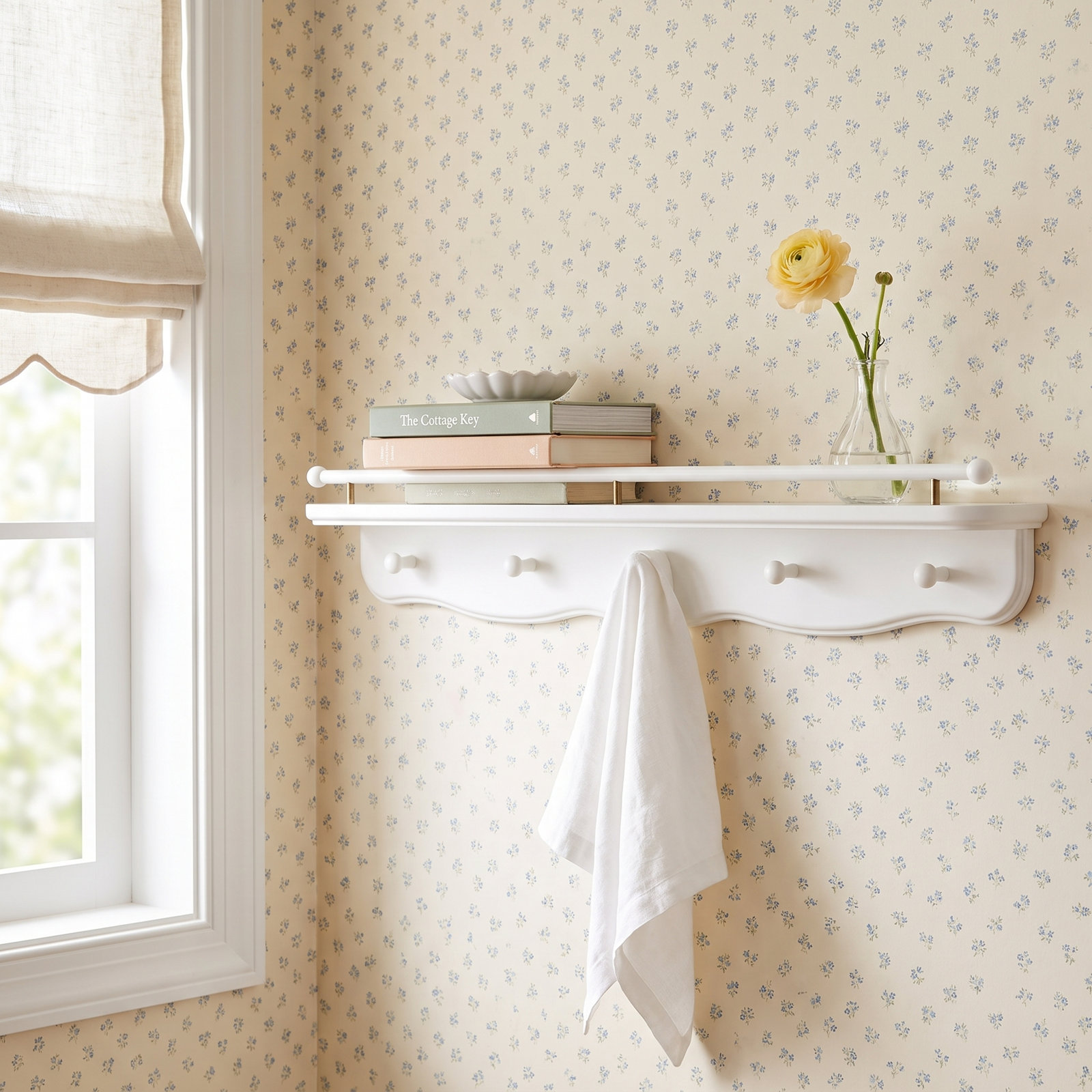 Liberty 31" Wall Shelf with Hooks, Warm White