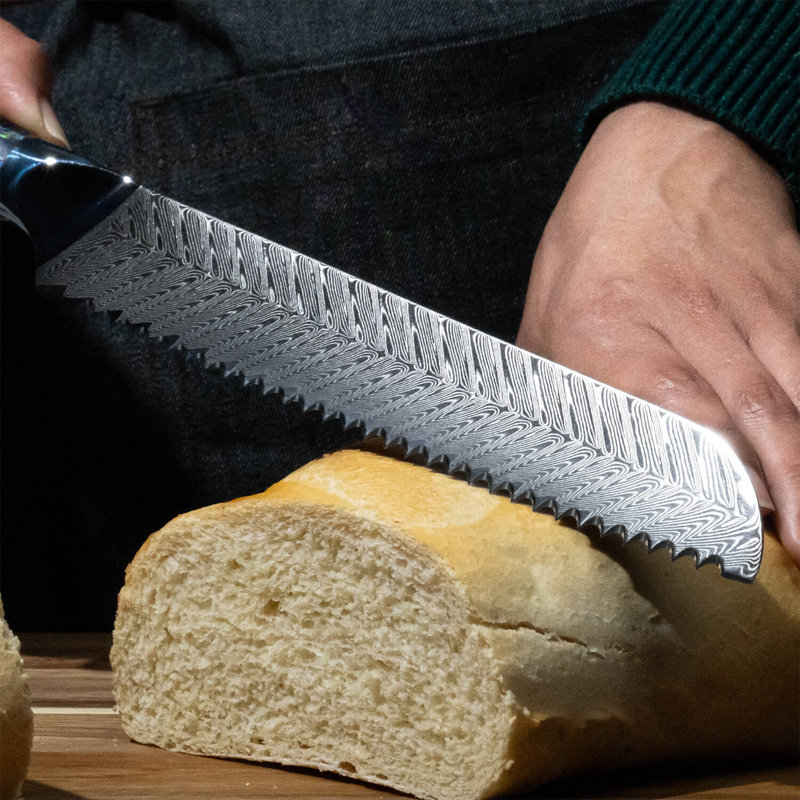 8" Damascus Steel Bread Knife with Real Abalone Shell Handle - Japanese VG10 67-Layer Damascus Steel - 8" Serrated Blade, Luxury Gift Box - Senken Knives