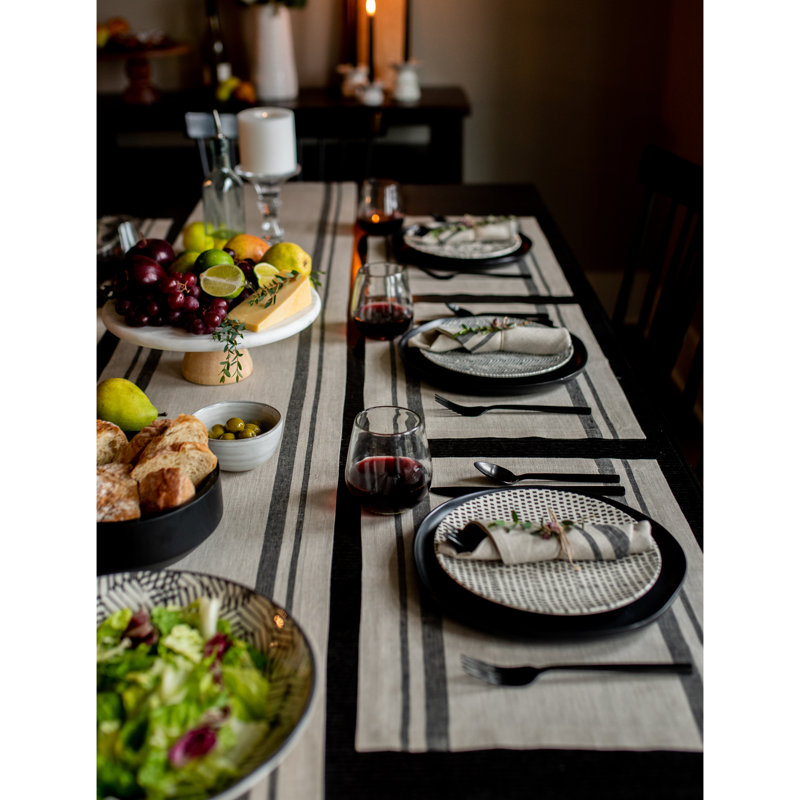 French Stripe - 100% Pure Linen Table Runner, Black/Natural, 36" x 14"
