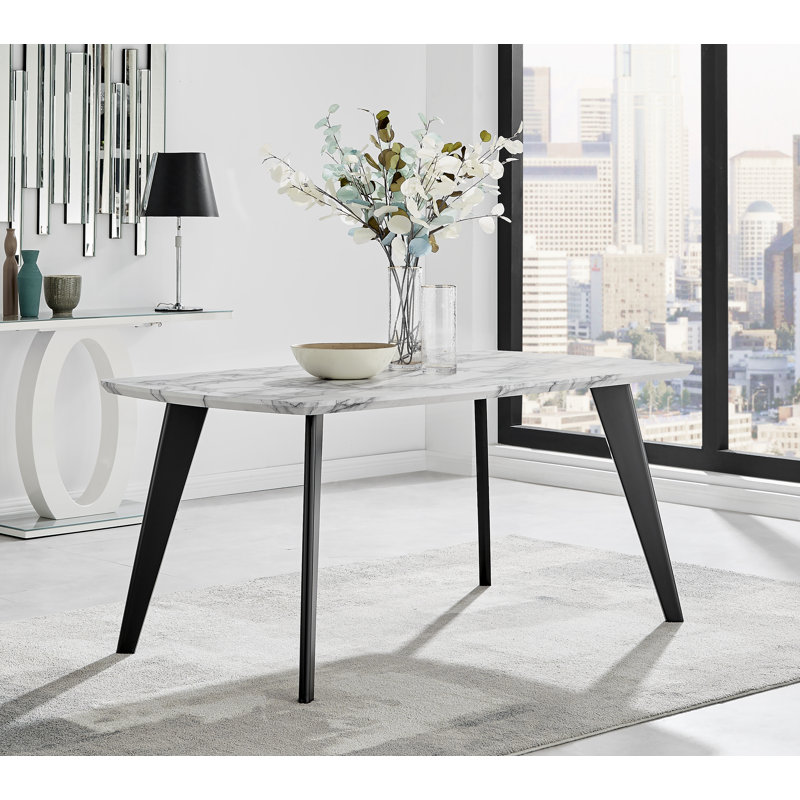 Anders Modern High Gloss Marble Effect Dining Table Set with 6 Luxury Velvet Dining Chairs, Black/Black, Black