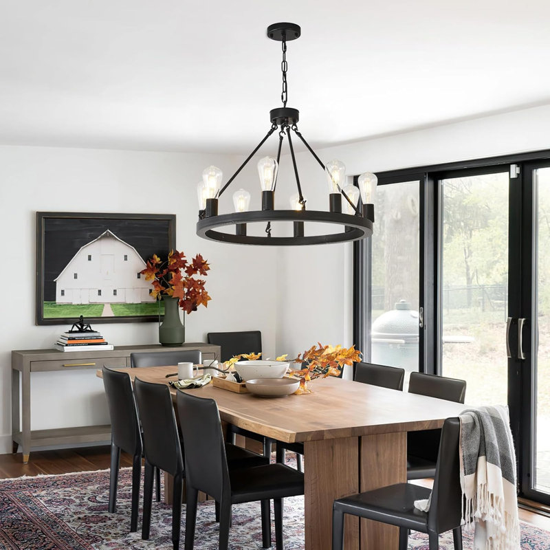 Lustre à roulettes Farmhouse avec 8 lumières, chaînes de suspension réglables et cadre en fer industriel pour la salle à manger, le salon et le vestibule