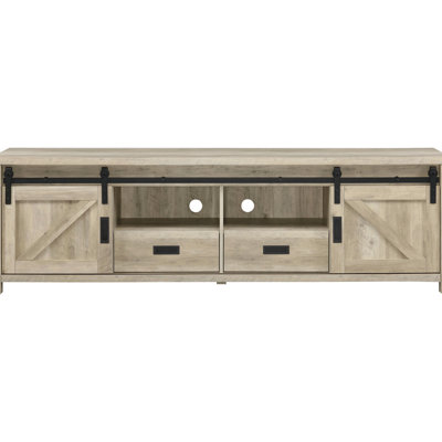 Distressed Pine 2-Door Tv Stand For 70 - 79 Inches Tvs, Sliding Doors, Two Drawers, Rustic Charm, Space Design, Modern Functionality, 23.5 High, 80.14 Wide Engineered Wood Stand, Compatibility, Tall,