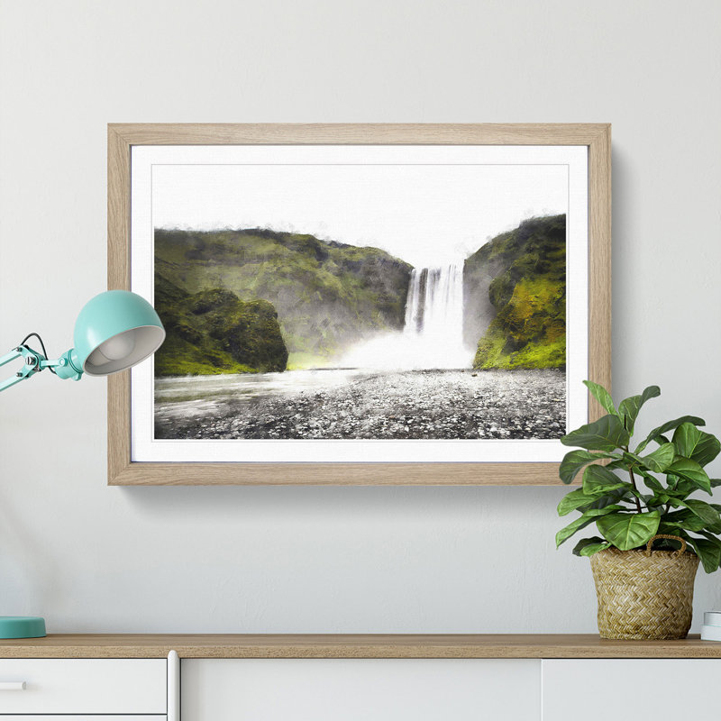 Waterfall in Selfoss Iceland - Picture Frame Painting Print, 62cm H x 87cm W x 2cm D, Oak Framed