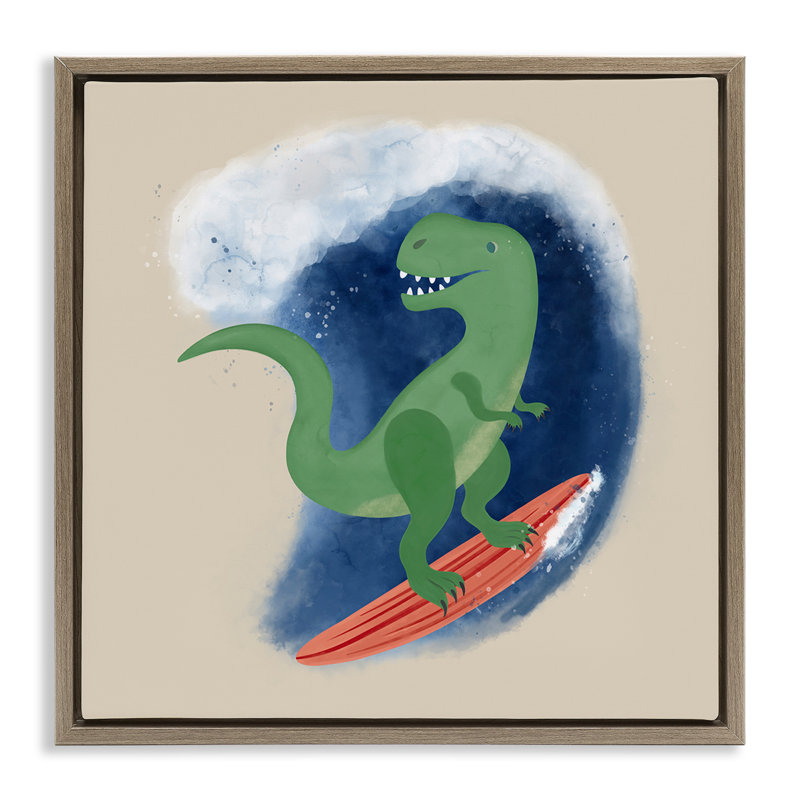 «Surfing Dino T-Rex», art mural encadré flottant par Carrie Cantwell, Cadre flottant orme Montalcino, H 18 po x l 18 po