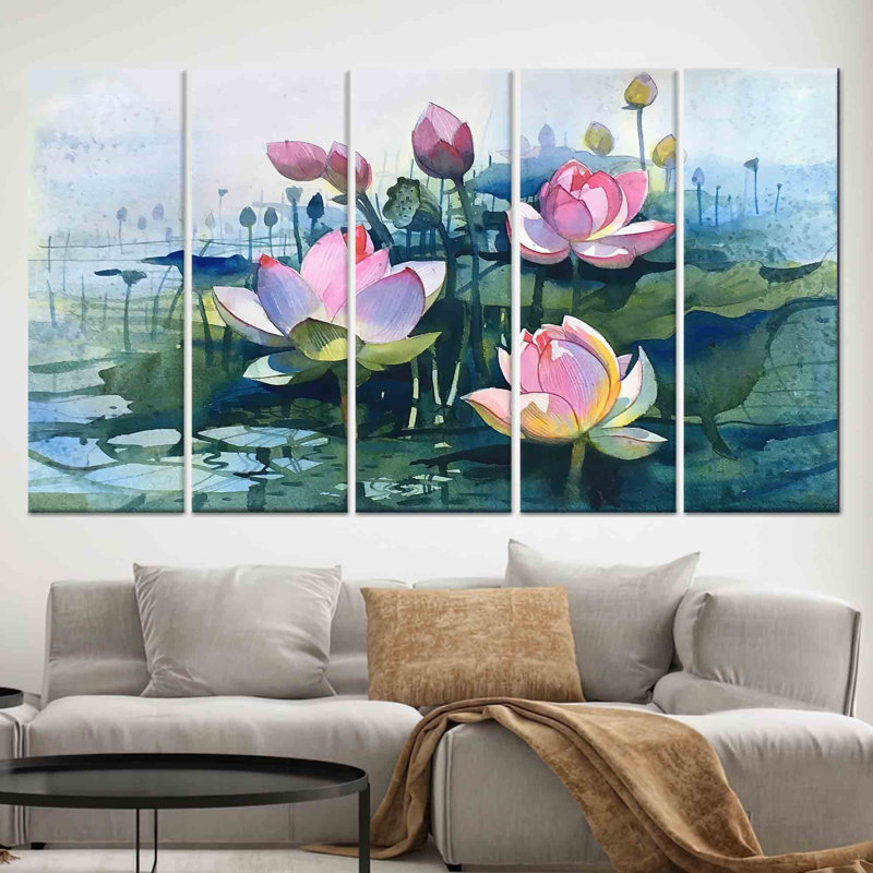 Élégante aquarelle de fleur de lotus, art mural moderne, toile tendue 5P, 43,3 po H x 98,4 po l
