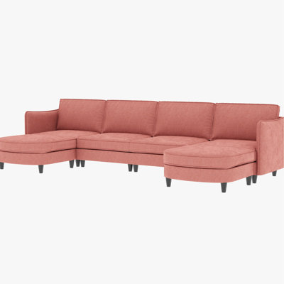 141.5'' Large 6 Seater Red Fabric With Movable , Wooden Frame And Comfortable Seating Area U-Shaped High - Quality Foam Cushions Side Pocket Design