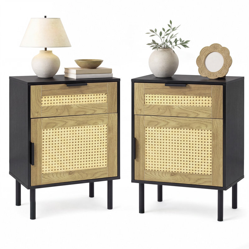 Rattan Nightstand Set Of 2 Mid Century Modern End Table With Drawer & Cabinet