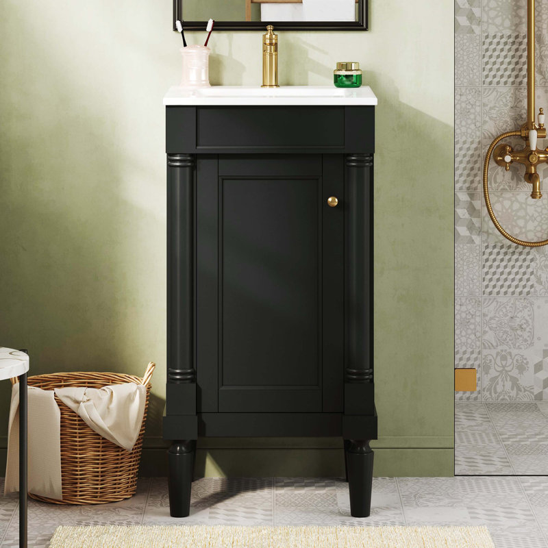 Armoire de salle de bain 18 po style français avec rangement et lavabo en céramique, solution pour petit espace, tablette réglable et charnières à fermeture douce