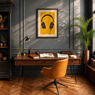 Golden Headphones Minimalist - Framed Print