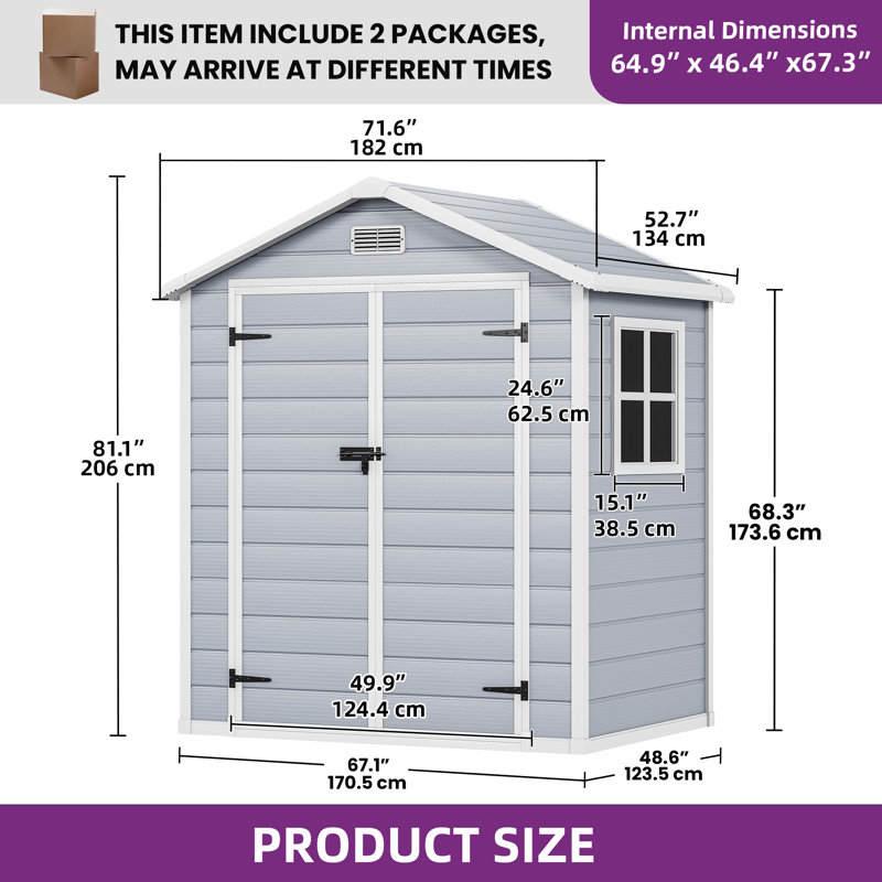 6 ft. W x 4.4 ft. D Resin Storage Shed, 82.7" H x 71.7" W x 52.7" D