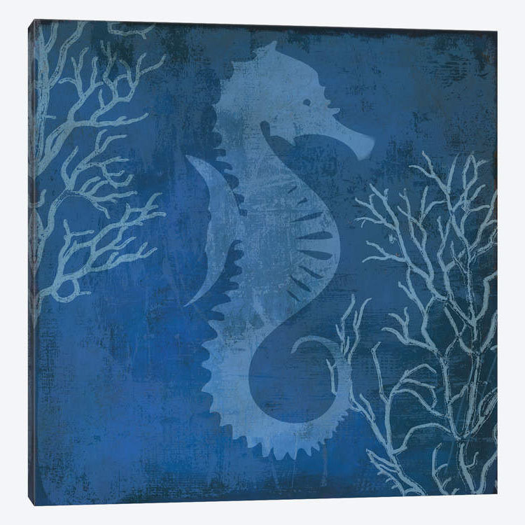 «Navy Sea Horse», impression sur toile, H 24 po x l 24 po x P 1 po, Papier d'art encadré noir, Blanc