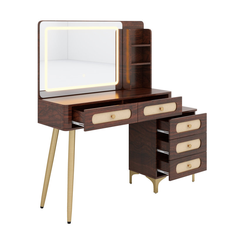Bureau de coiffeuse lumineux avec tiroirs en rotin, tablette de rangement et éclairage réglable, Natural
