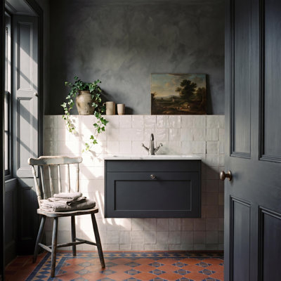 Old London Ashwick Satin Soft Black 800mm Wall Hung 1-Drawer Unit With Stone Basin 1 Tap Hole
