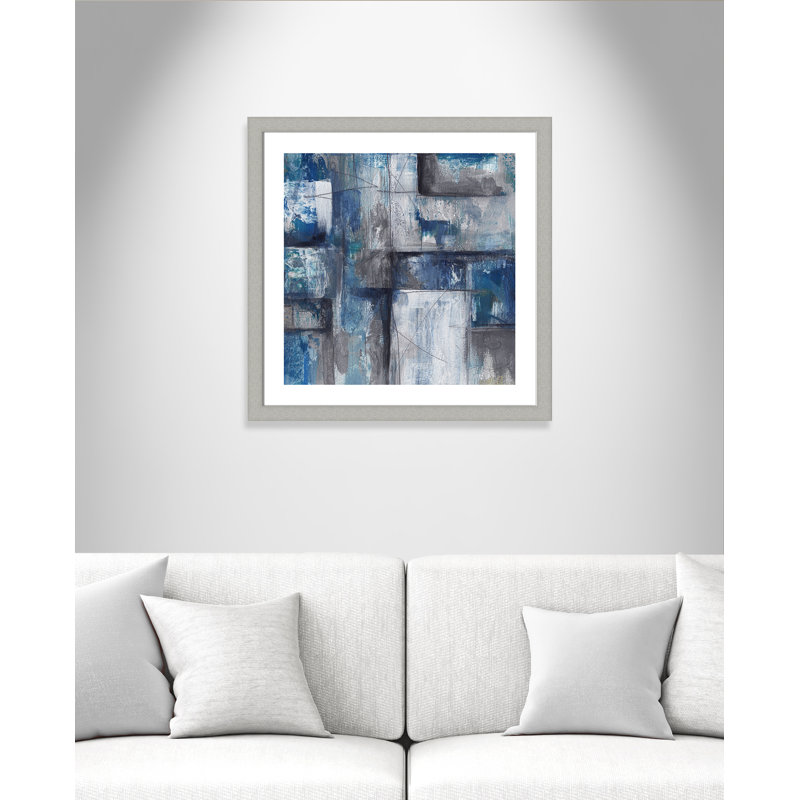 Patchwork abstrait II - peinture encadrée, Papier encadré argent brossé, H 29 po x l 29 po x P 1,25 po