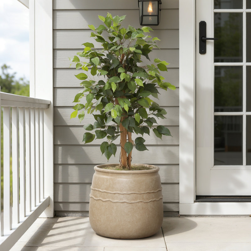 Pot de fleurs d'extérieur en grès et fibre d'argile avec crêtes ondulées, décoration de jardin