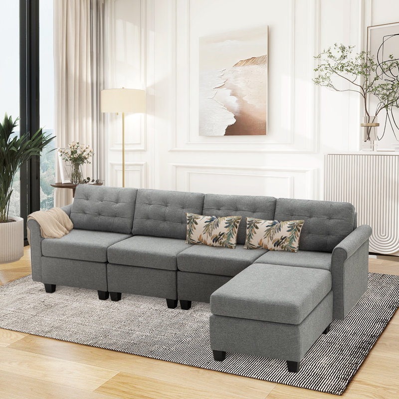 5 - Piece Upholstered Sectional Sofa With With Under Seat Storage, Azeema Gray Chenille