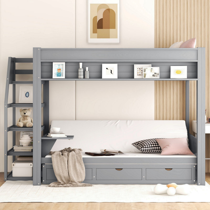 Lit superposé convertible en bois avec escalier de rangement, table de chevet et 3 tiroirs