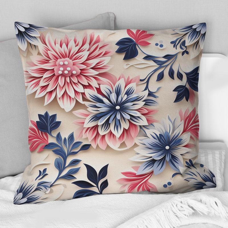 Coussin décoratif imprimé floral bleu, rose et blanc, H 16 po x l 16 po