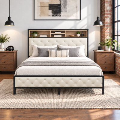Bed Frame with Charging Station, Storage Headboard, Metal Slat Support