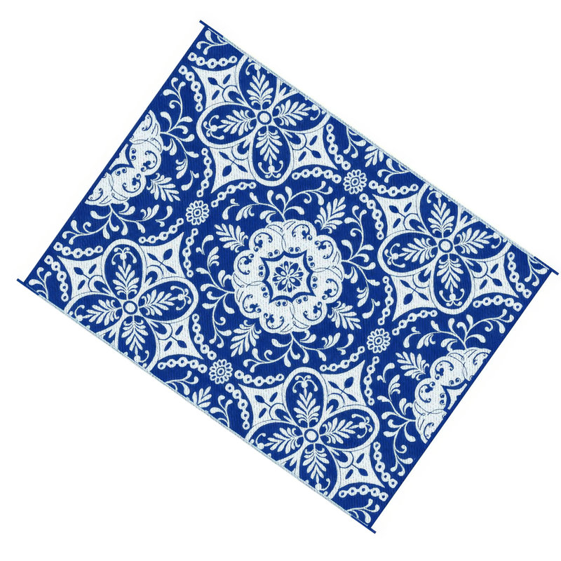 Tapis d'extérieur, médaillon floral bleu et blanc, paille en plastique XL 9 x 12
