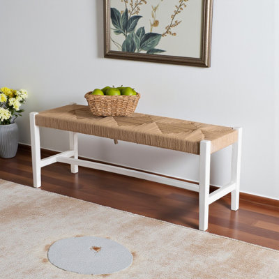 Banc en papier tissé blanc avec cadre en bois d'acajou Yannick, H 17,65 po x l 47,19 po x P 14,66 po