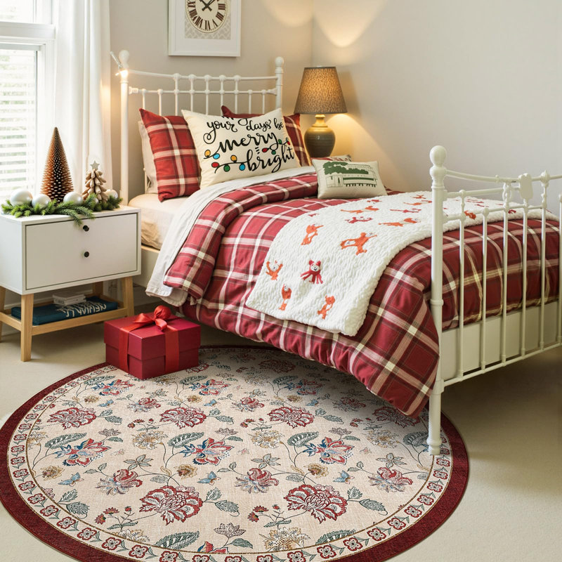 Chinoiserie Floral Rug Vintage Romance Design Washable Non-slip Red/Beige, Round 5', Red/Beige