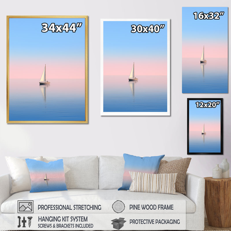 «Blue and Pink Sailling Boat Calm Horizon I» sur toile imprimée, H 32 po x l 24 po x P 1 po, Cadre naturel flottant