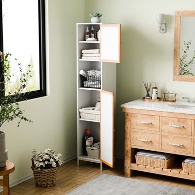 Bathroom Cabinet, Natural Slatted Doors, White Lacquered, Adjustable Compartments, Freestanding Design Lacquer,
