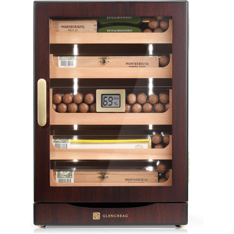 Armoire à cigares Glencreag pour 250 cigares - doublure en cèdre espagnol, lumière à DEL automatique et hygromètre numérique, porte magnétique étanche, cadeau pour amateur de cigares, blanc froid